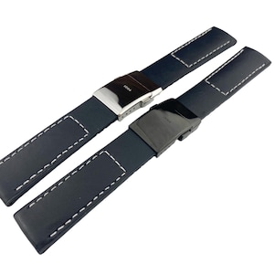 22mm 24mm Black Rubber-Leather Flat Strap Band Compatible for the BRT watch Deployment Buckle/Clasp Silver (Pins + DIY Tool)