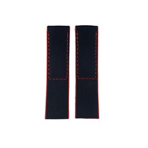 May include: Two black watch straps with red stitching. The straps are made of a textured fabric.