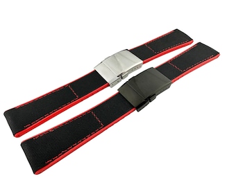 Correa de caucho/lona negra y roja de 22 mm y 24 mm, compatible con el reloj BRT, hebilla desplegable plateada (pasadores + herramienta de bricolaje).