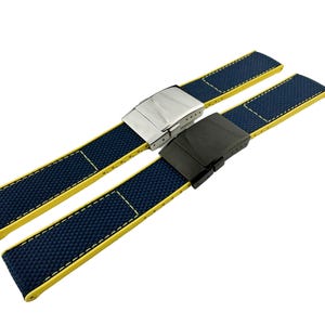 22mm 24mm Navy Blue-Yellow Rubber/Canvas Strap Band Compatible for the BRT watch Deployment Buckle/Clasp Silver (Pins + DIY Tool)