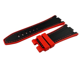 28mm Black-Red Rubber/Silicone Strap Band Bracelet Compatible to the AP watch Deployment Buckle/Clasp Silver