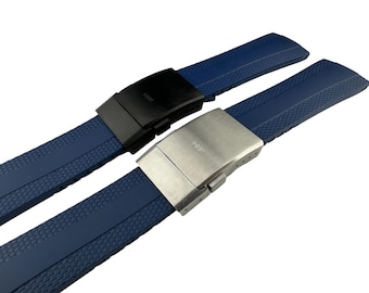 22mm 24mm Navy DarkBlue Rubber Silicone Strap Band Compatible for the BRT watch Deployment Buckle/Clasp Silver (Pins + DIY Tool)