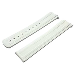 May include: A pair of white watch straps. The straps are made of a flexible material and feature a ribbed design. One strap has several holes for adjustment, and the other has a curved end. The straps are designed to attach to a watch case.