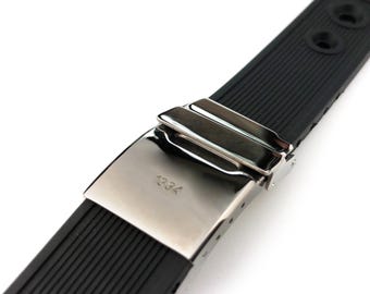 Correa de silicona negra de 22 mm y 24 mm compatible con el reloj BRT con hebilla desplegable plateada (pasadores + herramienta de bricolaje)