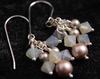 Champagne and Sand, Crystal Pearl Cluster Earrings