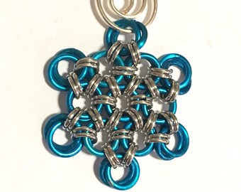 Chainmaille Snowflake Ornament, Indigo, Turquoise, Silver