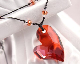 Red Magma Heart Necklace, Black Knotted Silk Cord, Swarovski Crystals