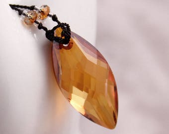 Copper Crystal Knotted Silk Necklace, Cats Eye Pendant, Black Silk, Swarovski Crystals
