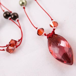 Red Magma Crystal Necklace, Swarovski and Silk Station Necklace, Cats Eye Pendant
