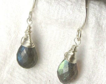 Labradorite Tear Drop Earrings Wire Wrapped, Argentium Silver