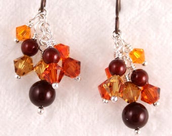 Fall Colors Crystal Pearl Cluster Earrings, Orange Tan Brown Copper, Swarovski, Hypoallergenic