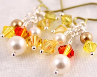 Sunshine Cluster Earrings, Swarovski Crystal Pearl, Hypoallergenic Ear Wires