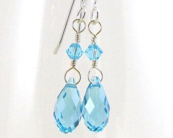 Blues Crystal Tear Drop Earrings, Swarovski Briolette