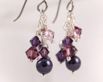 Purple Cluster Earrings, Swarovski Crystal Pearl, Amethyst Plum, Dangle