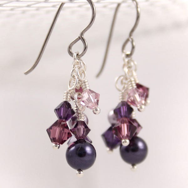 Purple Cluster Earrings, Swarovski Crystal Pearl, Amethyst Plum, Dangle