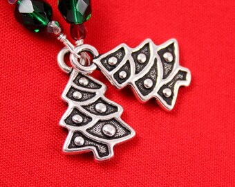 Christmas Tree Earrings, Red and Green Czech Glass, Silver Charms