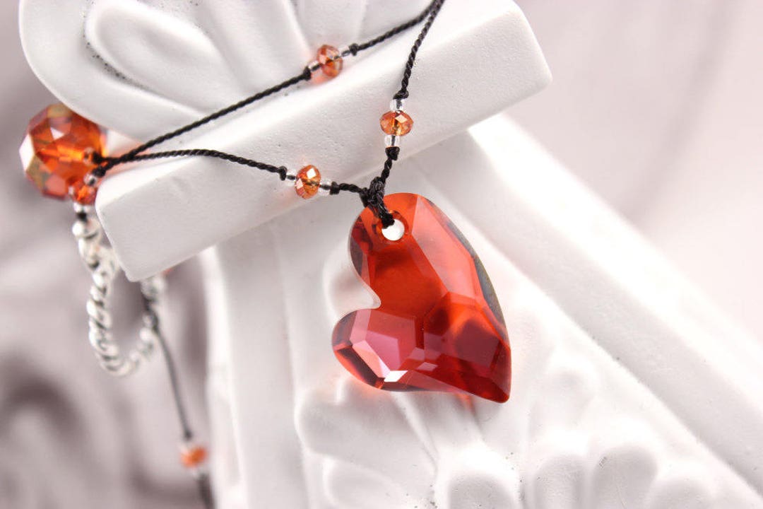 Red Magma Heart Necklace, Black Knotted Silk Cord, Swarovski Crystals