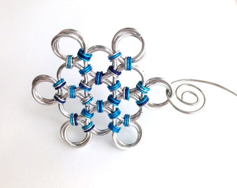 Large Chainmaille Snowflake Ornament, Silver Turquoise Indigo