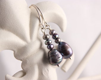 Freshwater Pearl Drop Earrings, Blue Purple Peacock, Sterling Silver Ear Wires