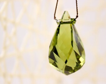 Olivine Crystal Necklace, Swarovski Helix Pendant, Knotted Silk Cord