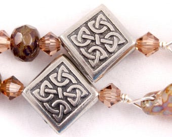 Amber Brown Earrings, Celtic Knots, Czech Glass