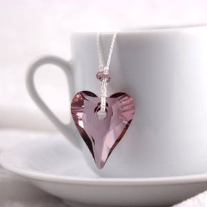 Pink Swarovski Heart Necklace, Knotted White Silk Cord