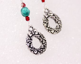 Holly Wreath Earrings, Red and Green Czech Glass, Silver Charms