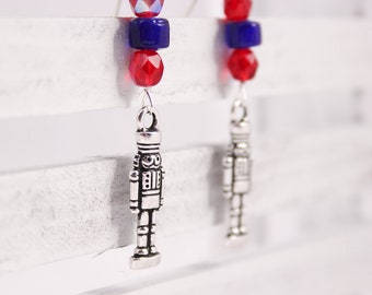 Nutcracker Earrings, Cobalt and Red Czech Glass, Silver Charms