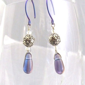 Blue Drop Earrings, Czech Glass, Flower Silver Beads