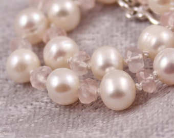 Rose Quartz White Pearl Bracelet, Knotted on White Silk