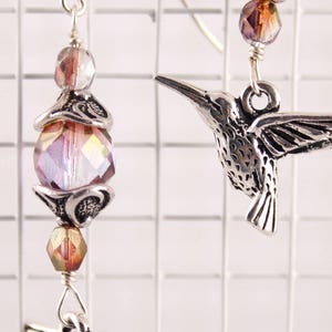 Hummingbird Earrings Czech Glass, Purple, Pink, Silver
