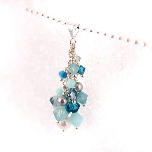 Aqua Ocean Cluster Pendant, Crystal Pearl Swarovski, Silver