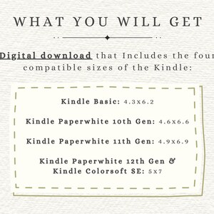 May include: A digital download graphic with the text "WHAT YOU WILL GET." It lists the compatible sizes for Kindle devices: Kindle Basic (4.3x6.2 inches), Paperwhite 10th Gen (4.6x6.6 inches), 11th Gen (4.9x6.9 inches), and 12th Gen & Colorsoft SE (5x7 inches).