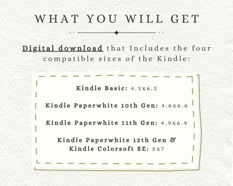 May include: A digital download graphic with the text "WHAT YOU WILL GET." It lists the compatible sizes for Kindle devices: Kindle Basic (4.3x6.2 inches), Paperwhite 10th Gen (4.6x6.6 inches), 11th Gen (4.9x6.9 inches), and 12th Gen & Colorsoft SE (5x7 inches).
