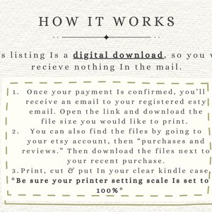 May include: A digital download listing with instructions on how to access the files. The text reads "HOW IT WORKS" at the top. Instructions include downloading the file, printing, and setting the printer scale to 100%.