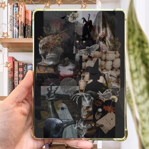 May include: A digital collage featuring a black cat, a skull, a witch, and other spooky imagery. The collage is set against a dark background and includes various textures and patterns.
