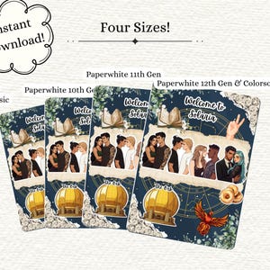 May include: A set of four digital bookmarks with a dark blue background, featuring illustrations of couples and the text "Welcome to Solaria." The bookmarks are labeled "Basic," "Paperwhite 10th Gen," "Paperwhite 11th Gen," and "Paperwhite 12th Gen & Colorsoft."