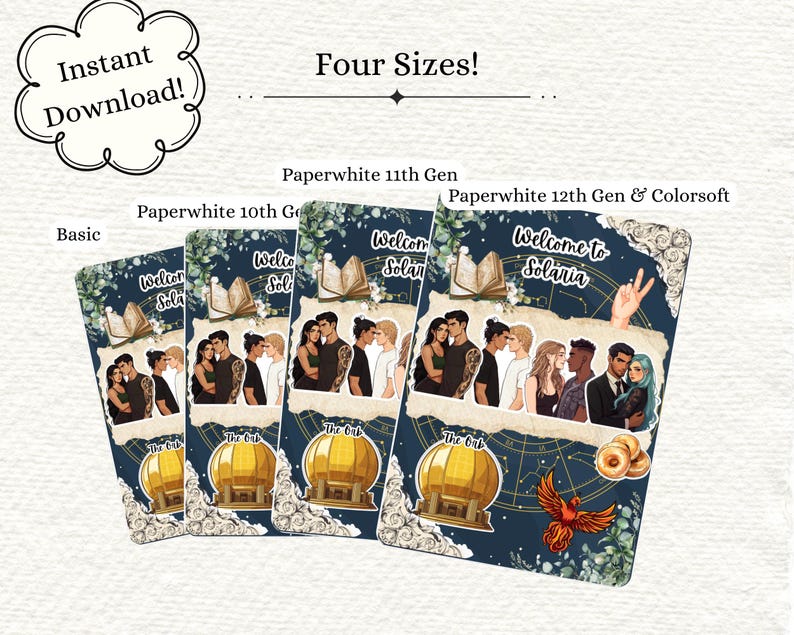 May include: A set of four digital bookmarks with a dark blue background, featuring illustrations of couples and the text "Welcome to Solaria." The bookmarks are labeled "Basic," "Paperwhite 10th Gen," "Paperwhite 11th Gen," and "Paperwhite 12th Gen & Colorsoft."