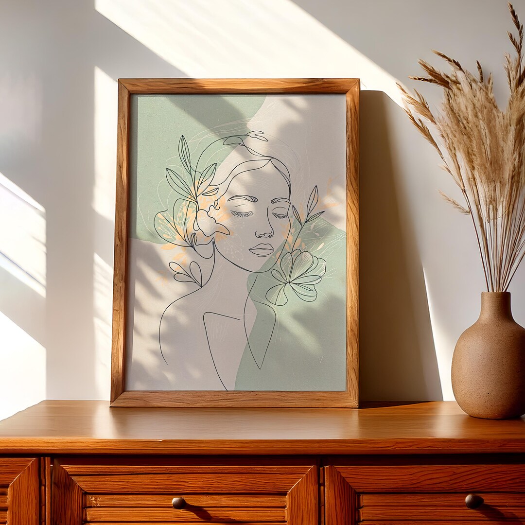 Neutral Sage Line Art Wall Art, Minimalist Floral Woman Portrait, Boho ...
