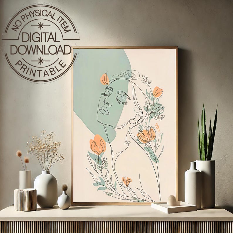 Floral Woman Line Art Print | Boho Minimalist Decor (digital Download ...