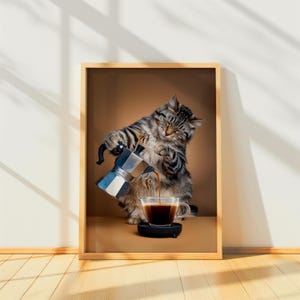 Adorable Cat Pouring Coffee Digital Print | Cozy Coffee Lover Wall Art | Cute Cat Kitchen Decor | Whimsical Cat Art for Coffee Bar