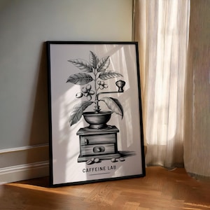 カフェインラボ コーヒー植物アートプリント - 白黒植物コーヒーグラインダーイラスト - 居心地の良いキッチンデジタルウォールアート