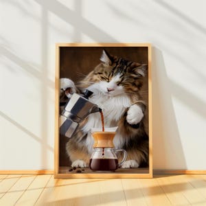 Charming Coffee-Themed Art Print: Tabby Cat Pouring Coffee in Sunlit Room - Perfect Café Décor! | Funny Coffee Cat Art | Digital Download
