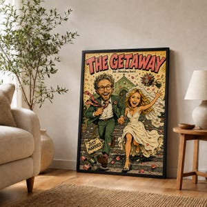 May include: A framed poster titled THE GETAWAY featuring a cartoon illustration of a couple running. The person on the left wears a green suit and glasses, while the person on the right wears a white wedding dress. A sign reads JUST MARRIED.