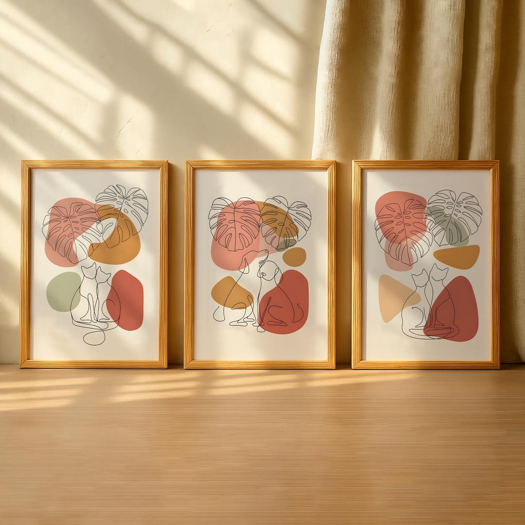Minimalist Cat Line Art Print Set – Boho Monstera Wall Decor (set of 3 ...