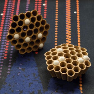 May include: Two brown, honeycomb-shaped objects with numerous circular openings. Each object contains several small, white, spherical elements within the openings. The objects are set against a dark blue and patterned background.