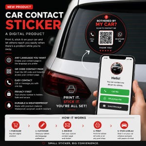 Puede incluir: Una pegatina de contacto para coche digital, diseñada para ser impresa y aplicada a la ventana de un coche. La pegatina incluye un código QR y opciones de contacto. La imagen muestra un smartphone mostrando una página de contacto.