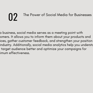 Pode incluir: Um gr&aacute;fico bege claro com o n&uacute;mero "02" em preto, seguido do texto "The Power of Social Media for Businesses". O texto explica como as m&iacute;dias sociais ajudam as empresas a se conectar com os clientes.