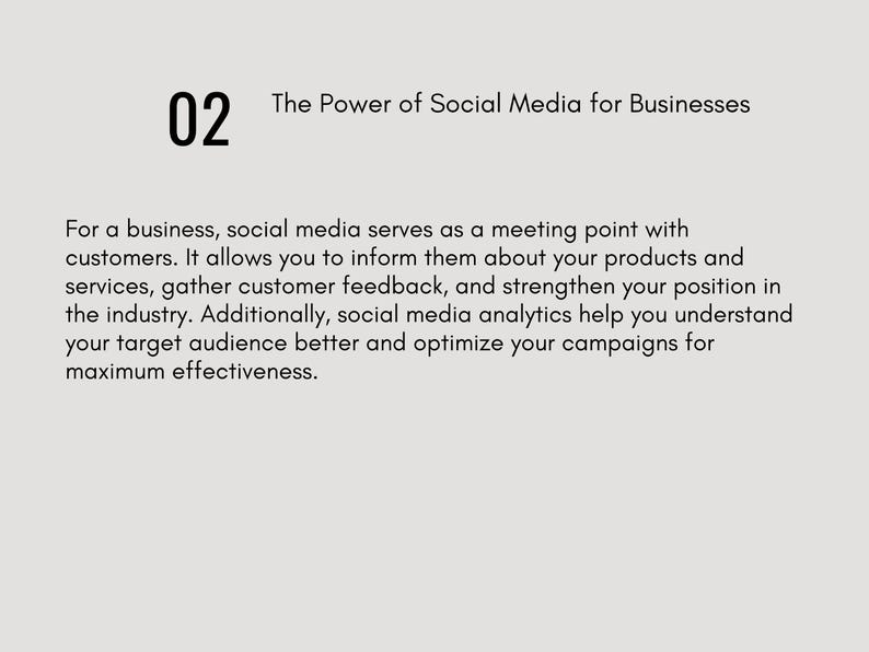 Pode incluir: Um gr&aacute;fico bege claro com o n&uacute;mero "02" em preto, seguido do texto "The Power of Social Media for Businesses". O texto explica como as m&iacute;dias sociais ajudam as empresas a se conectar com os clientes.