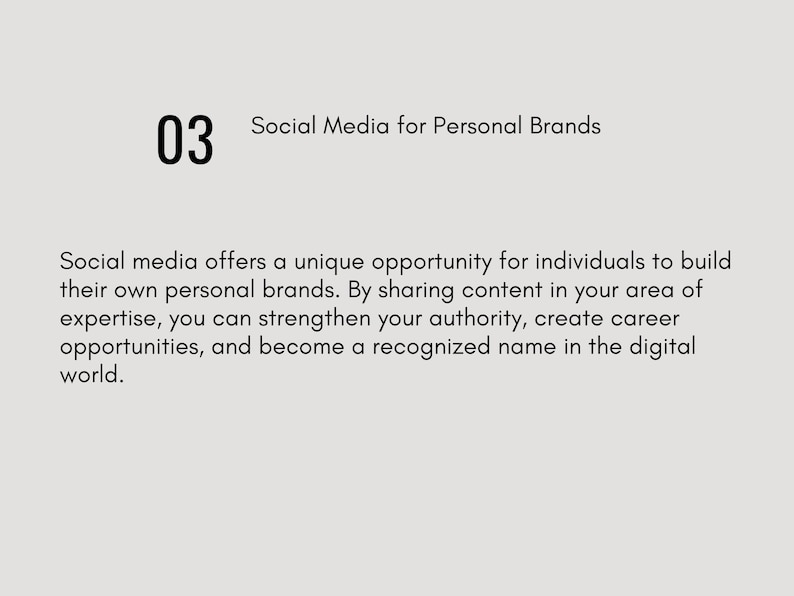 Pode incluir: Um gr&aacute;fico bege claro com o n&uacute;mero "03" em preto, seguido do texto "Social Media for Personal Brands". Abaixo, um texto explica como as m&iacute;dias sociais ajudam a construir marcas pessoais.